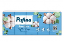 Papír zsebkendő, 3 rétegű, 10x10 db, PUFINA "Sensitive"